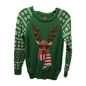 Holiday Ugly Christmas Sweater COOL Reindeer Scarf Sunglasses Jingle Bells Sz XS
